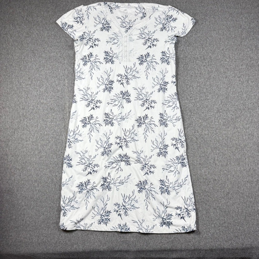 Miss Elaine Womens Floral Lace Trim Nightgown Blue White Short Sleeve Large